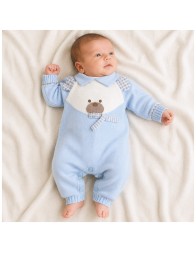 Baby merino wool romper in knitted fabric with teddy bear design by Stella.