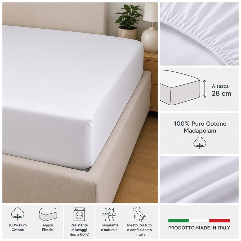 Pure Cotton Fitted Sheet with Elastic Corners 200x200x28 cm - Corredo Italiano