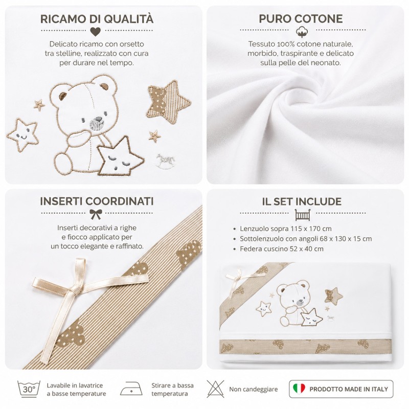 Set lenzuola lettino ricamato Mio Piccolo con orsetto e stelle decorative