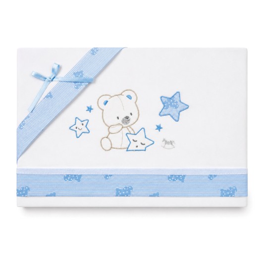 Pure cotton embroidered baby cot sheet set with teddy bear and stars 2