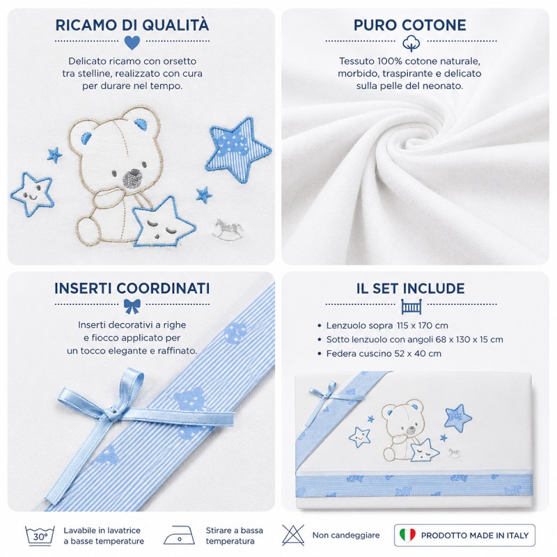 Mio Piccolo embroidered baby cot sheet set with teddy bear and star embroidery