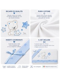 Set lenzuola lettino ricamato Mio Piccolo con orsetto e stelle decorative