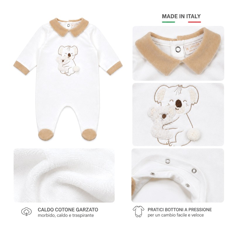 Brushed warm cotton baby sleepsuit Le Chicche in cream colour with collar