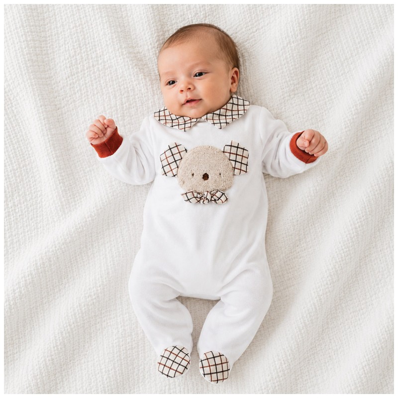 Tutina neonato in ciniglia con colletto e piedini check Le Chicche
