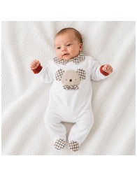 Chenille baby sleepsuit with check collar and feet Le Chicche