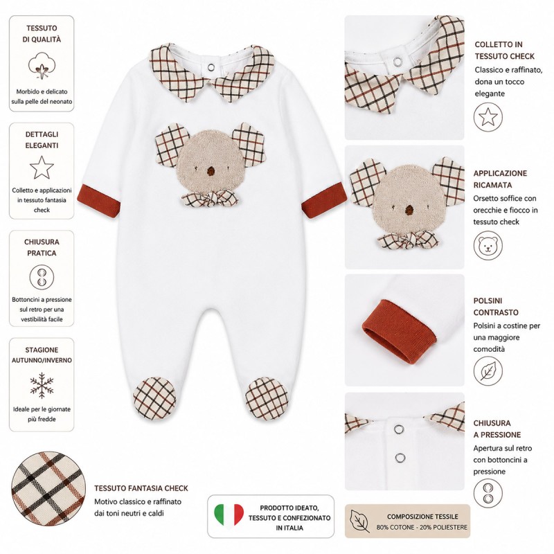 Chenille newborn sleepsuit with teddy bear embroidery Le Chicche