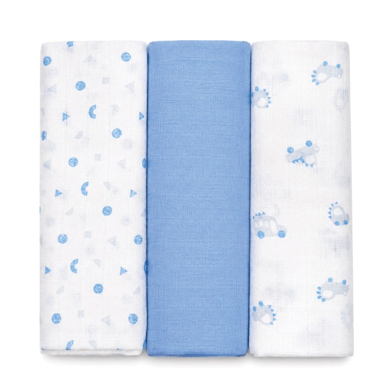 Baby muslin squares 70x70 cm by Ellepi in cotton with assorted blue patterns