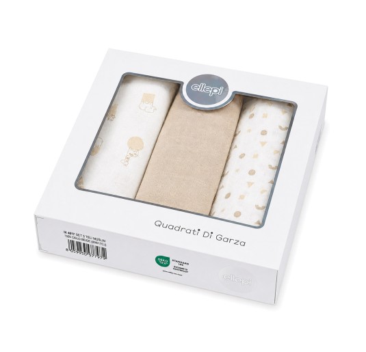 Quadrati di garza neonato Ellepi IX4017BG in puro cotone 70x70 cm con tre fantasie assortite nei toni beige