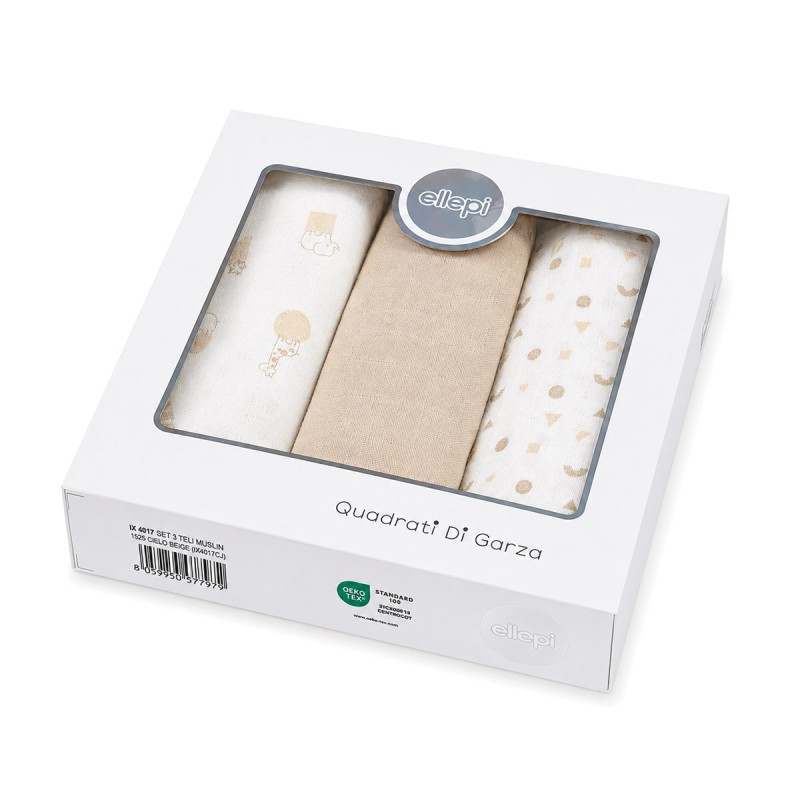 Baby muslin squares Ellepi IX4017BG in pure cotton 70x70 cm with three assorted beige patterns
