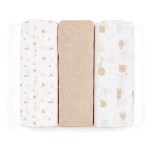 Baby muslin squares Ellepi IX4017BG in pure cotton 70x70 cm with three assorted beige patterns 2