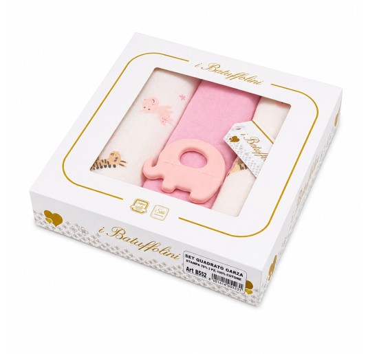 Set of 3 baby girl muslin gauze squares Elephant BA552R in window gift box