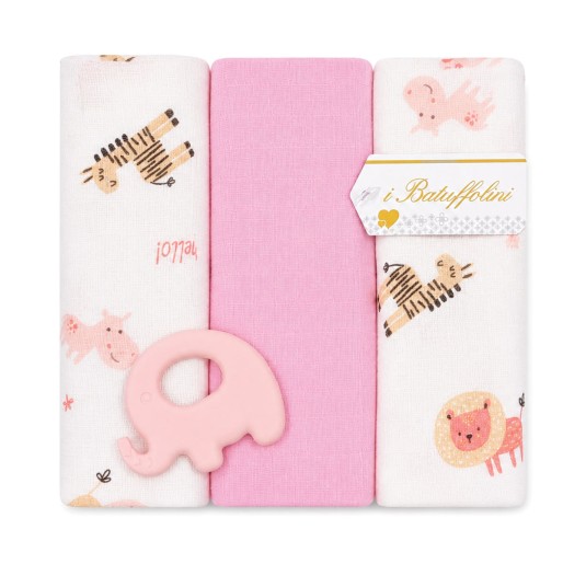 Set of 3 baby girl muslin gauze squares Elephant BA552R in window gift box 2