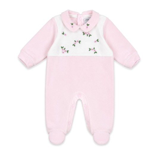 Tutina neonata in ciniglia con ricami floreali e piedini chiusi Batuffolini BA548R