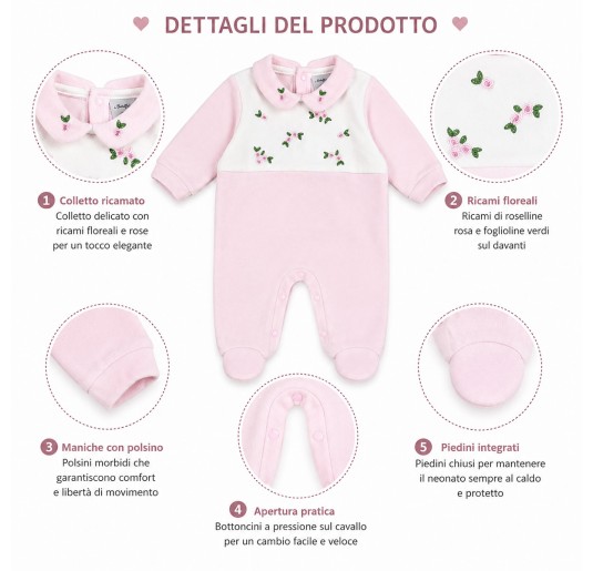 Baby girl velour sleepsuit with embroidered flowers and enclosed feet Batuffolini BA548R 2