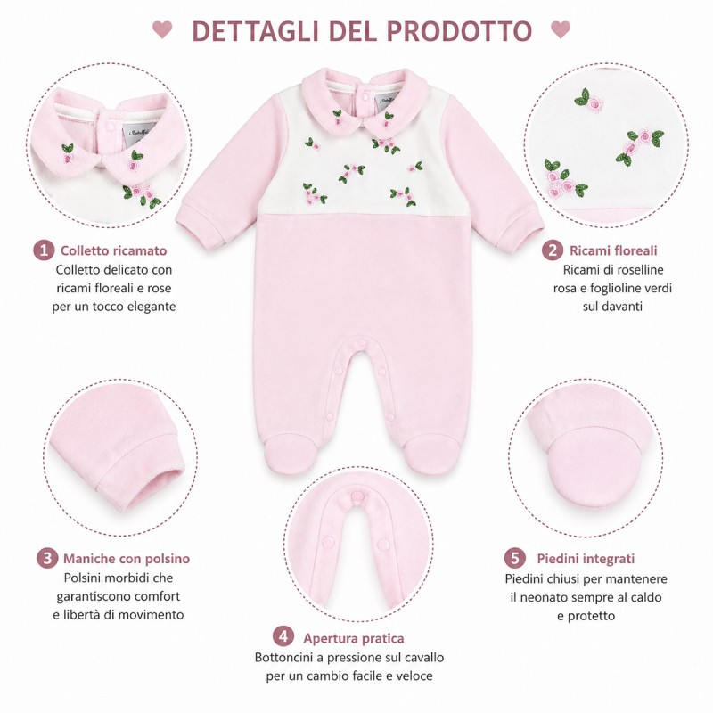 Tutina neonata in ciniglia rosa con colletto ricamato e apertura con bottoni a pressione