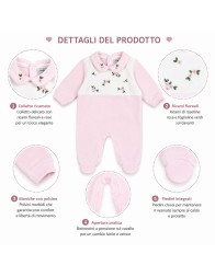 Baby girl velour sleepsuit in 75% cotton with floral embroidery and covered feet