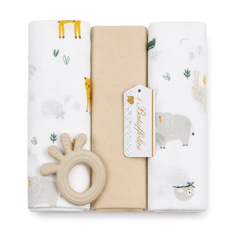 Set of cotton baby muslin squares with silicone teething toy by Batuffolini