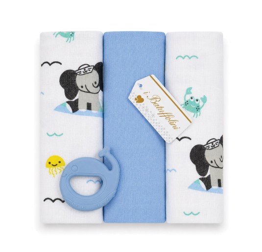 Batuffolini muslin squares 70x70 with elephant print and blue teething toy 2
