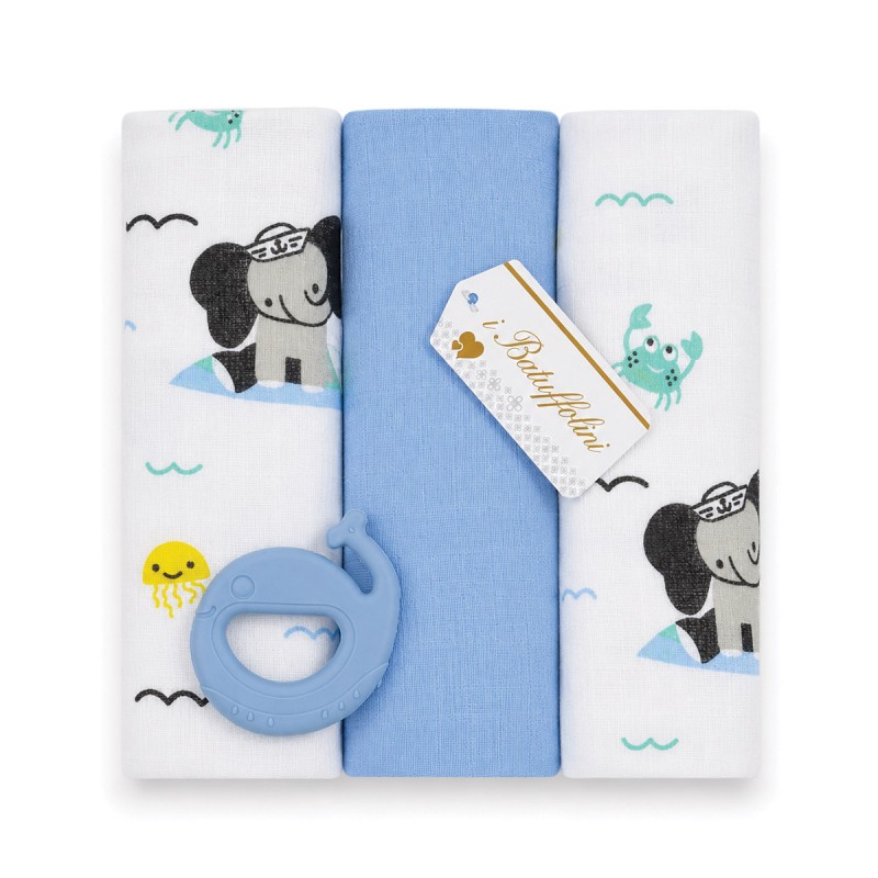 Batuffolini 70x70 muslin squares for babies with matching silicone teething toy