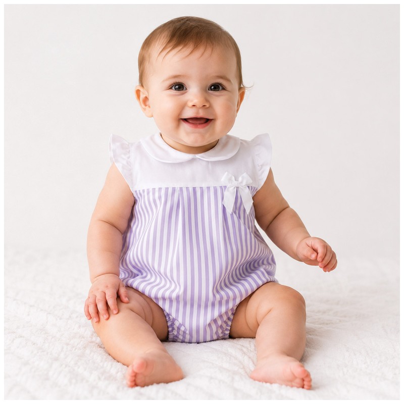 Pagliaccetto neonata 100% cotone batista con righe lilla e fiocchetto
