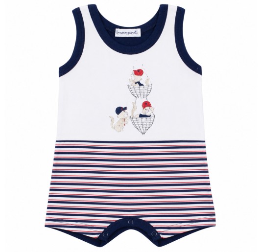 Pagliaccetto neonato in cotone con righe nautiche e gattini Made in Italy