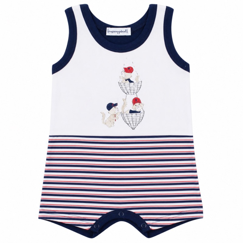 Pagliaccetto neonato in cotone con righe nautiche e gattini Made in Italy