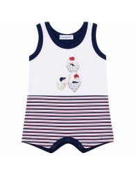 Pagliaccetto neonato in cotone con righe nautiche e gattini Made in Italy