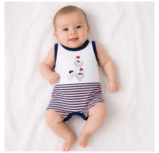 Pagliaccetto neonato in cotone con righe nautiche e gattini Made in Italy 2