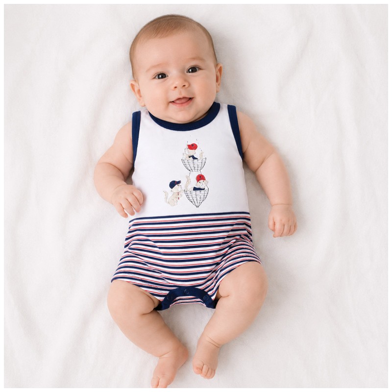 Pagliaccetto neonato 100% cotone bianco e blu con fantasia marina