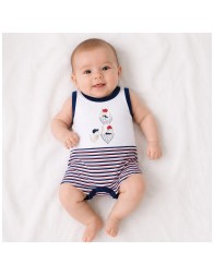 Pagliaccetto neonato 100% cotone bianco e blu con fantasia marina