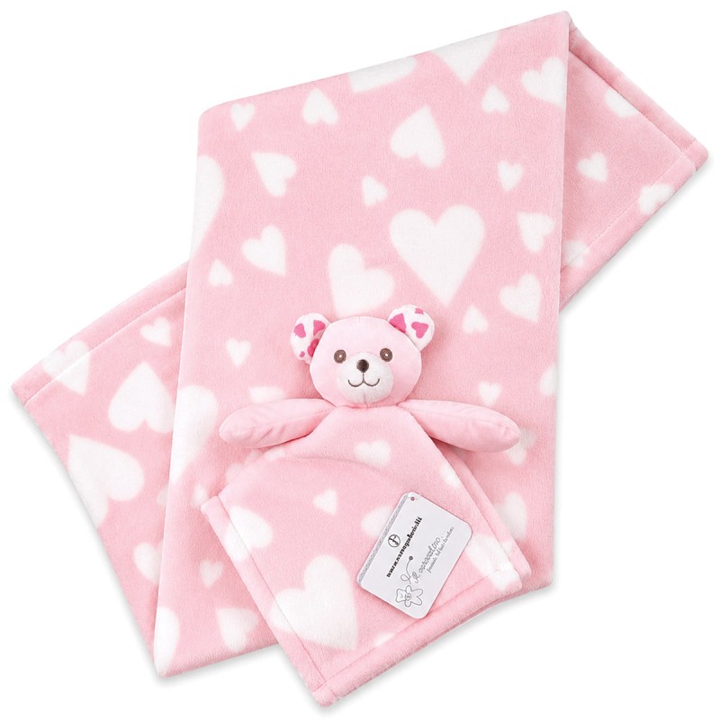 Pink baby soft fleece blanket with matching teddy comforter for crib