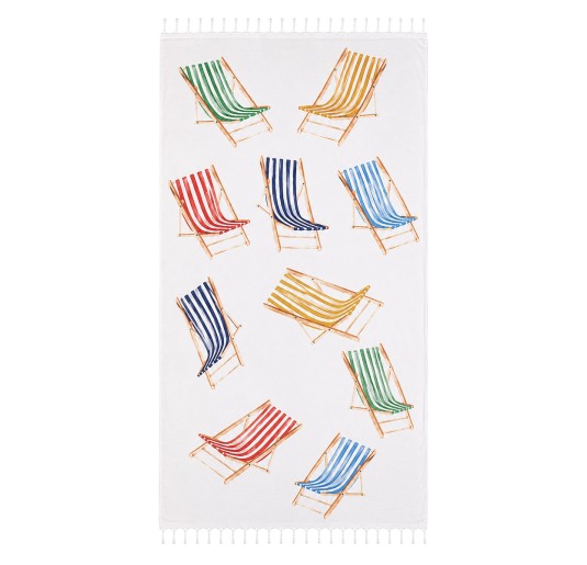 Telo mare Fouta in cotone con stampa sedie da sdraio e frange annodate