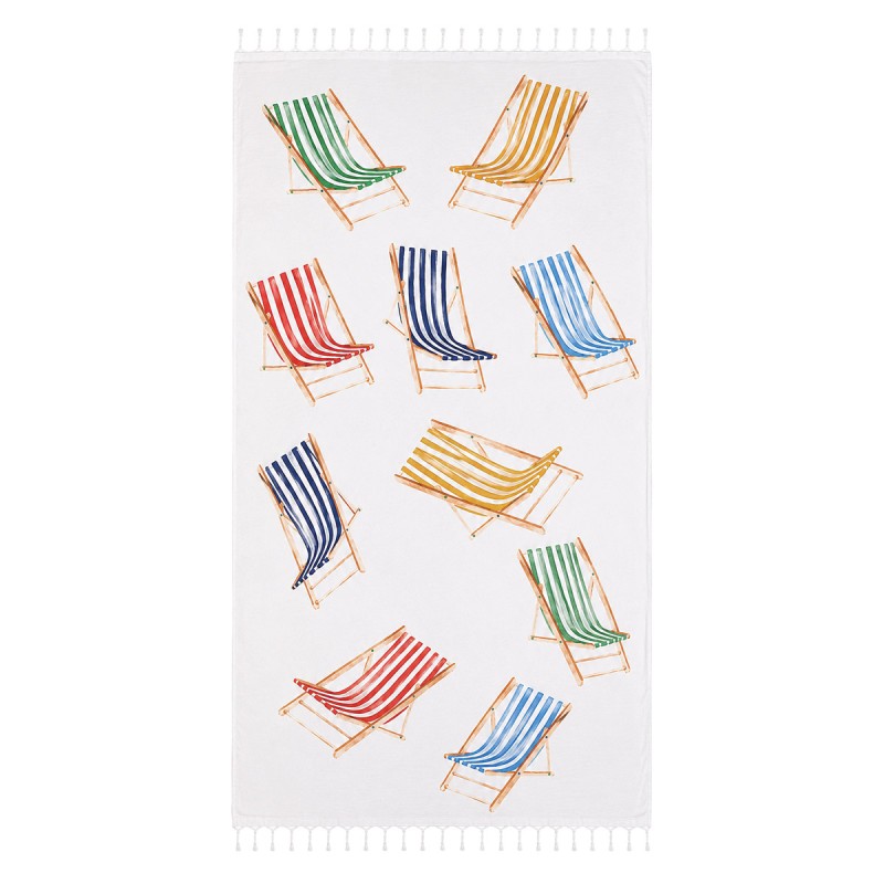 Cotton Fouta beach towel with deck chair print and knotted fringes