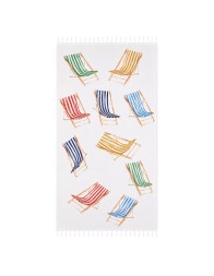 Telo mare Fouta in cotone con stampa sedie da sdraio e frange annodate