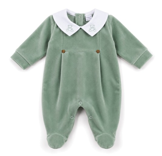 Sage green velour baby sleepsuit Klaiadì K210TC with embroidered collar