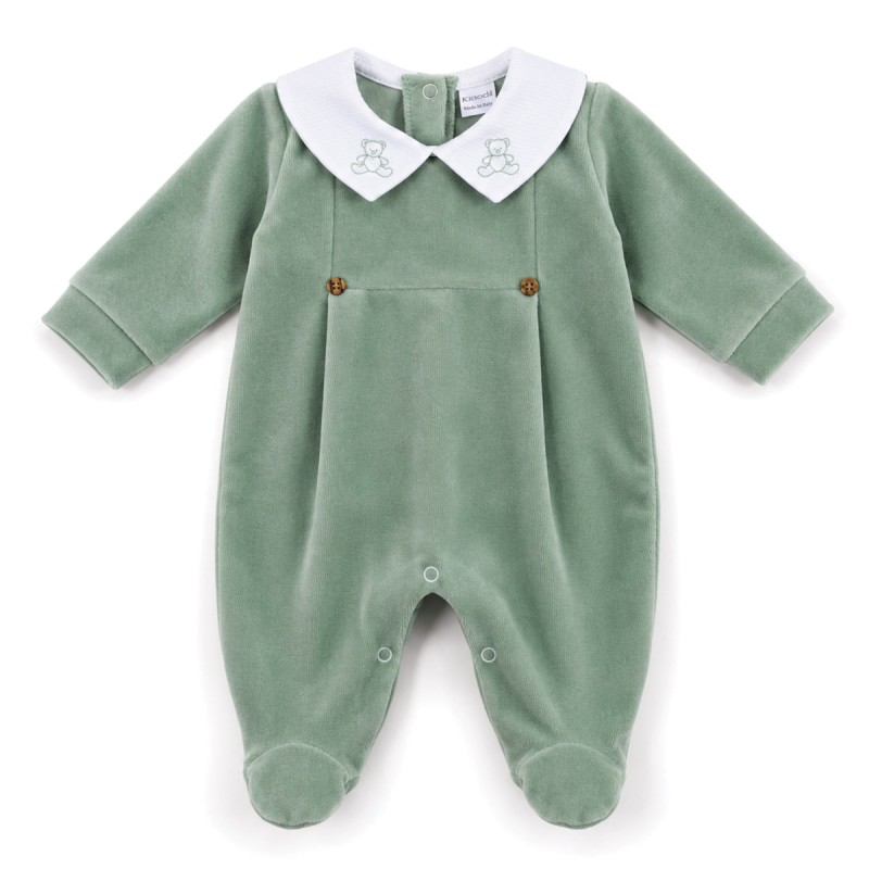 Sage green velour baby sleepsuit Klaiadì K210TC with embroidered collar