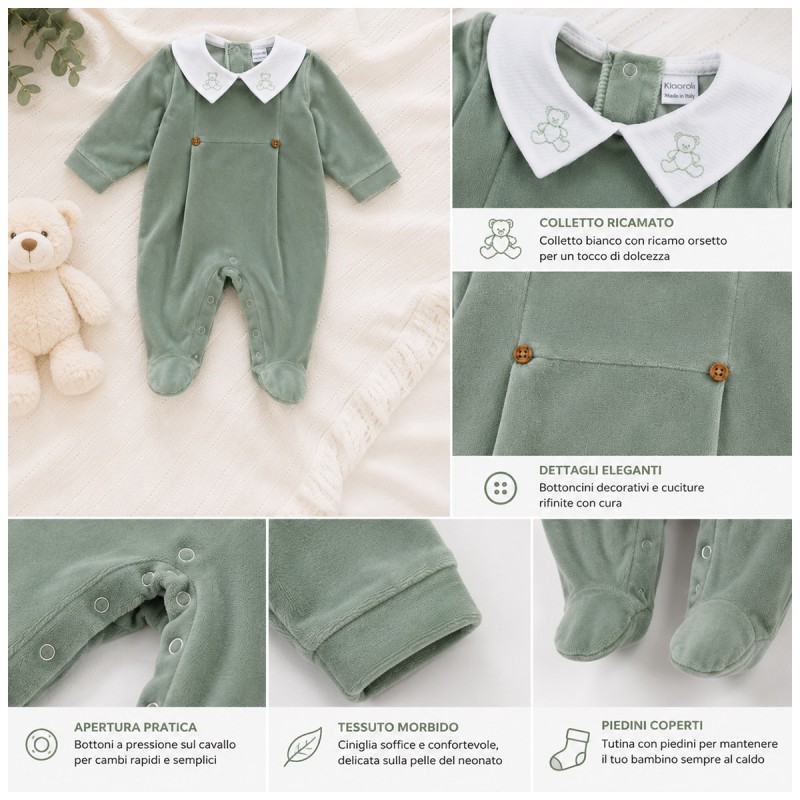 Made in Italy sage green velour baby sleepsuit Klaiadì K210TC