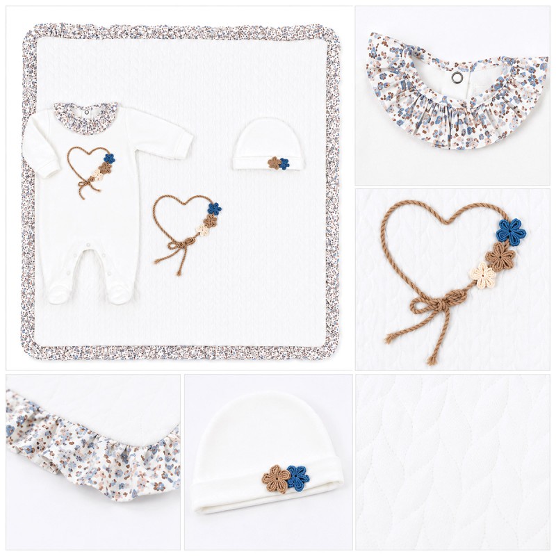 Made in Italy winter baby girl first outfit set with embroidered blanket, velour sleepsuit and matching hat