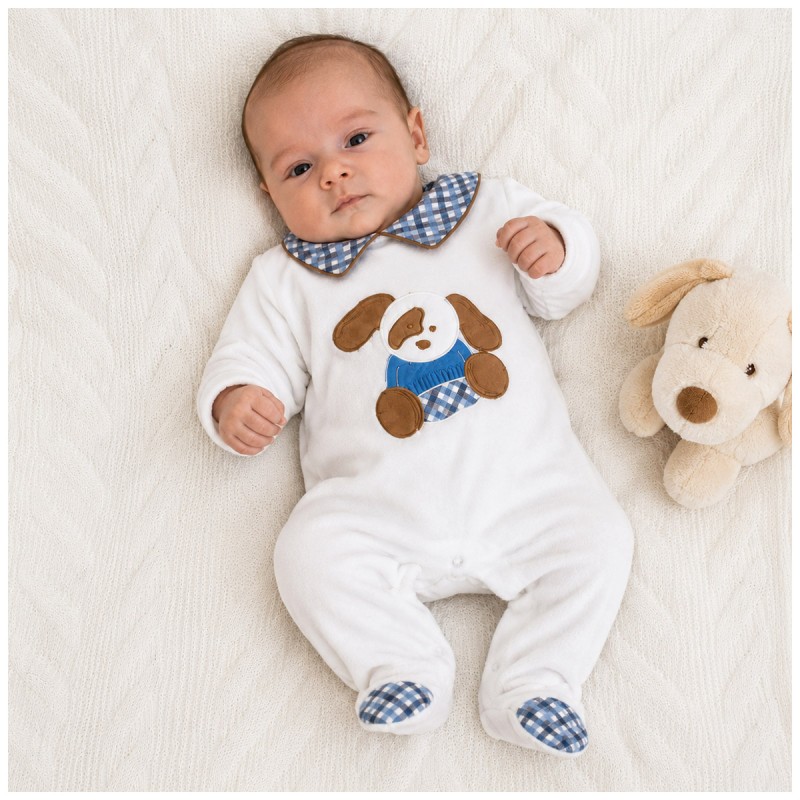 Set corredino neonato in ciniglia con tutina e ricamo cucciolo