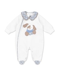 Tutina neonato in ciniglia bianca con ricamo cagnolino