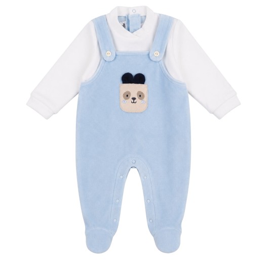 Baby velour sleepsuit in sky blue and white with bunny appliqué