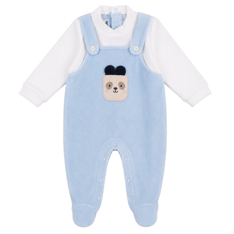 Baby velour sleepsuit in sky blue and white with bunny appliqué
