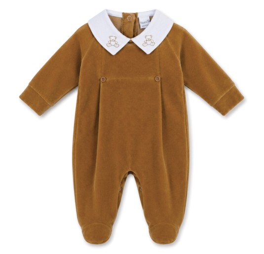 Baby velour romper in biscuit with white embroidered collar