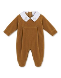 Baby velour romper in biscuit with white embroidered collar