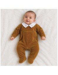 Baby velour romper with teddy bear embroidery and decorative buttons