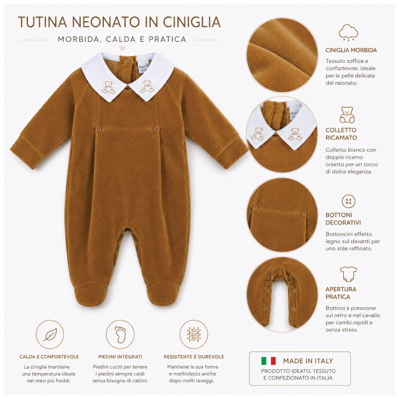 Tutina neonato in ciniglia Klaiadì con piedini e colletto ricamato