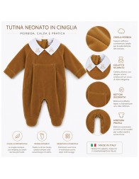 Tutina neonato in ciniglia Klaiadì con piedini e colletto ricamato