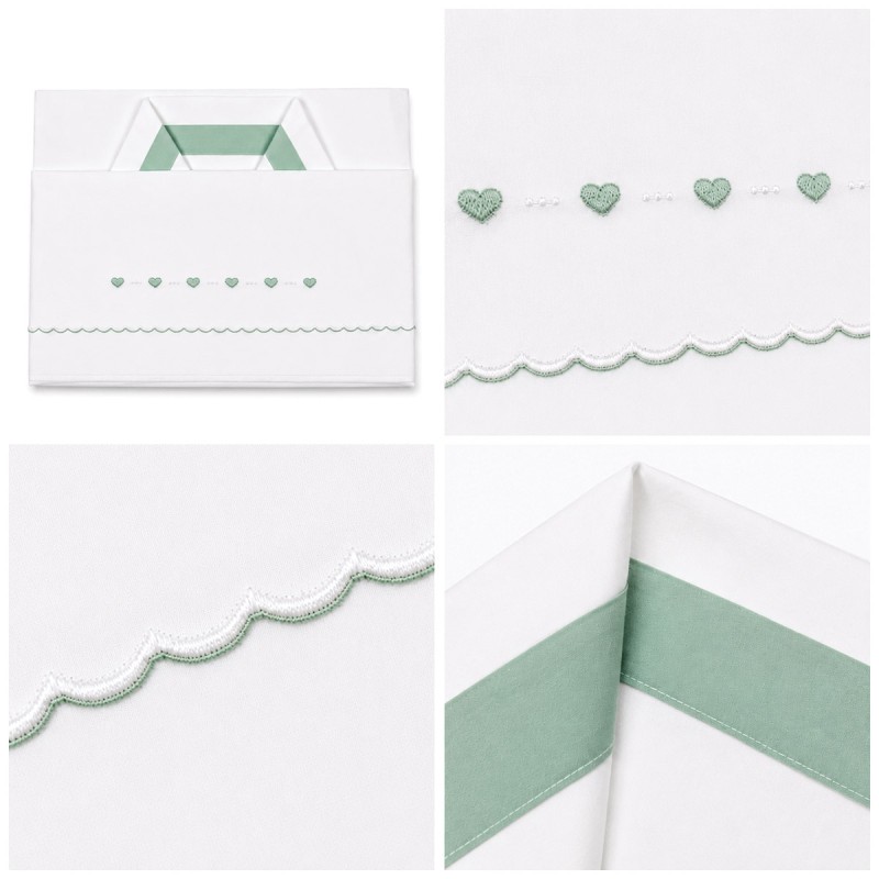 Cradle and pram sheet set Cuoricini with embroidered hearts