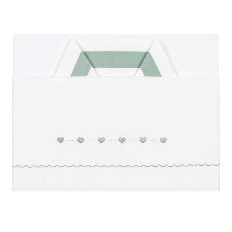 Set lenzuola culla e carrozzina Cuoricini in cotone bianco e verde salvia