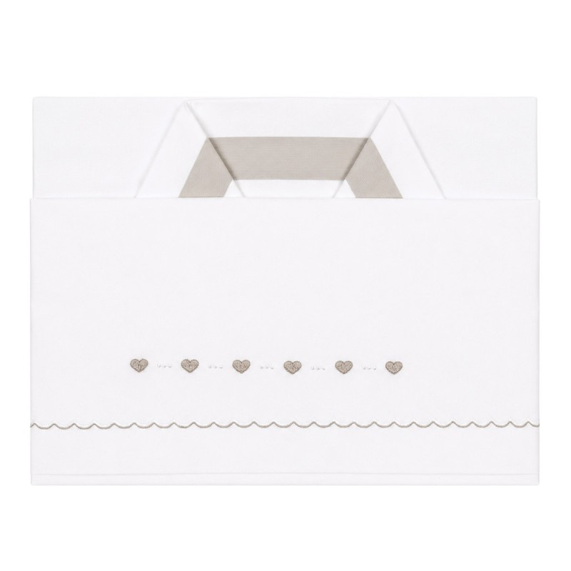 Set lenzuola culla e carrozzina Cuoricini in cotone bianco e tortora